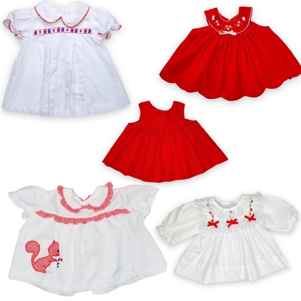 Vintage Baby Girls Red + White Dress Bundle Lot of 5 - Newborn - 6m - 9m - 12m